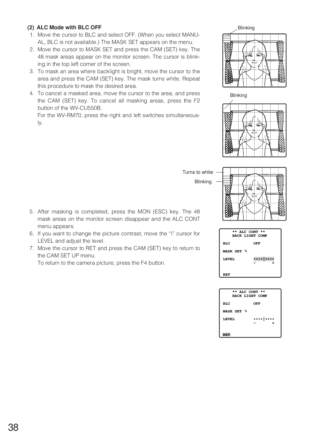 Panasonic WV-CW864 operating instructions ALC Mode with BLC OFF, Turns to white Blinking 