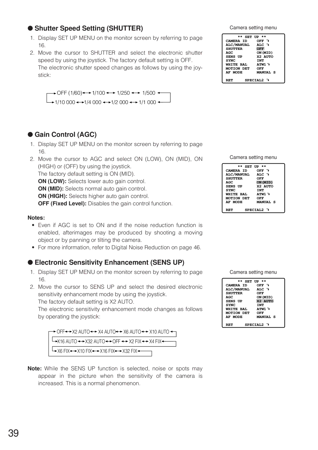 Panasonic WV-CW864 Shutter Speed Setting Shutter, Gain Control AGC, Electronic Sensitivity Enhancement Sens UP 