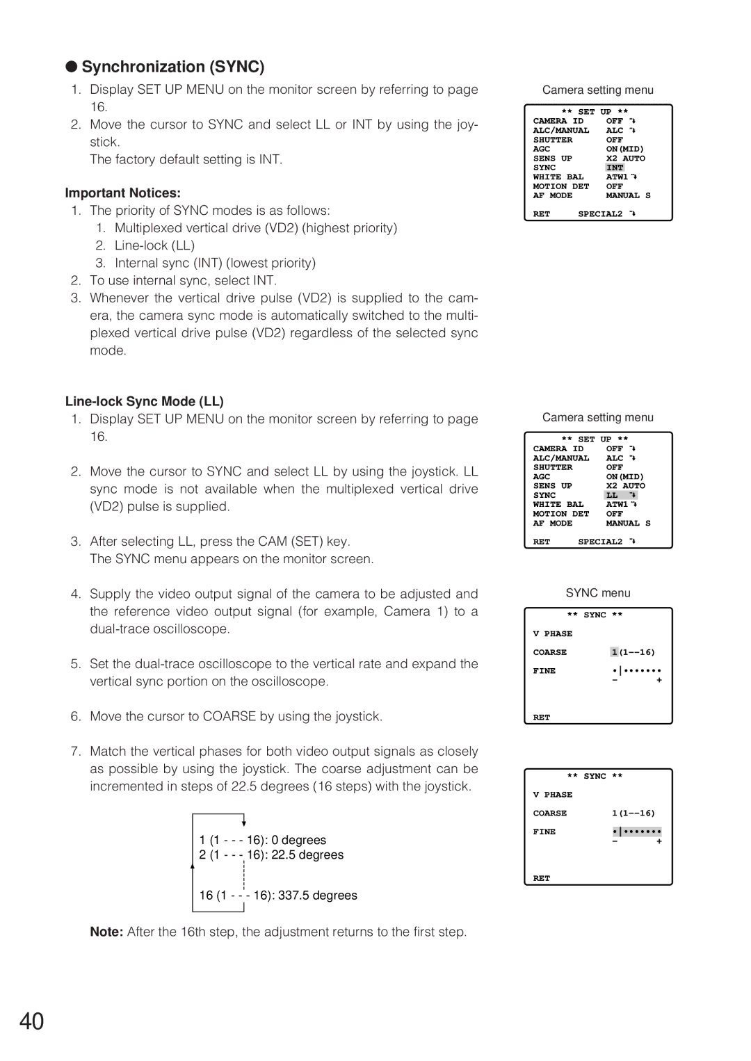 Panasonic WV-CW864 operating instructions Synchronization Sync, Line-lock Sync Mode LL, Sync menu 