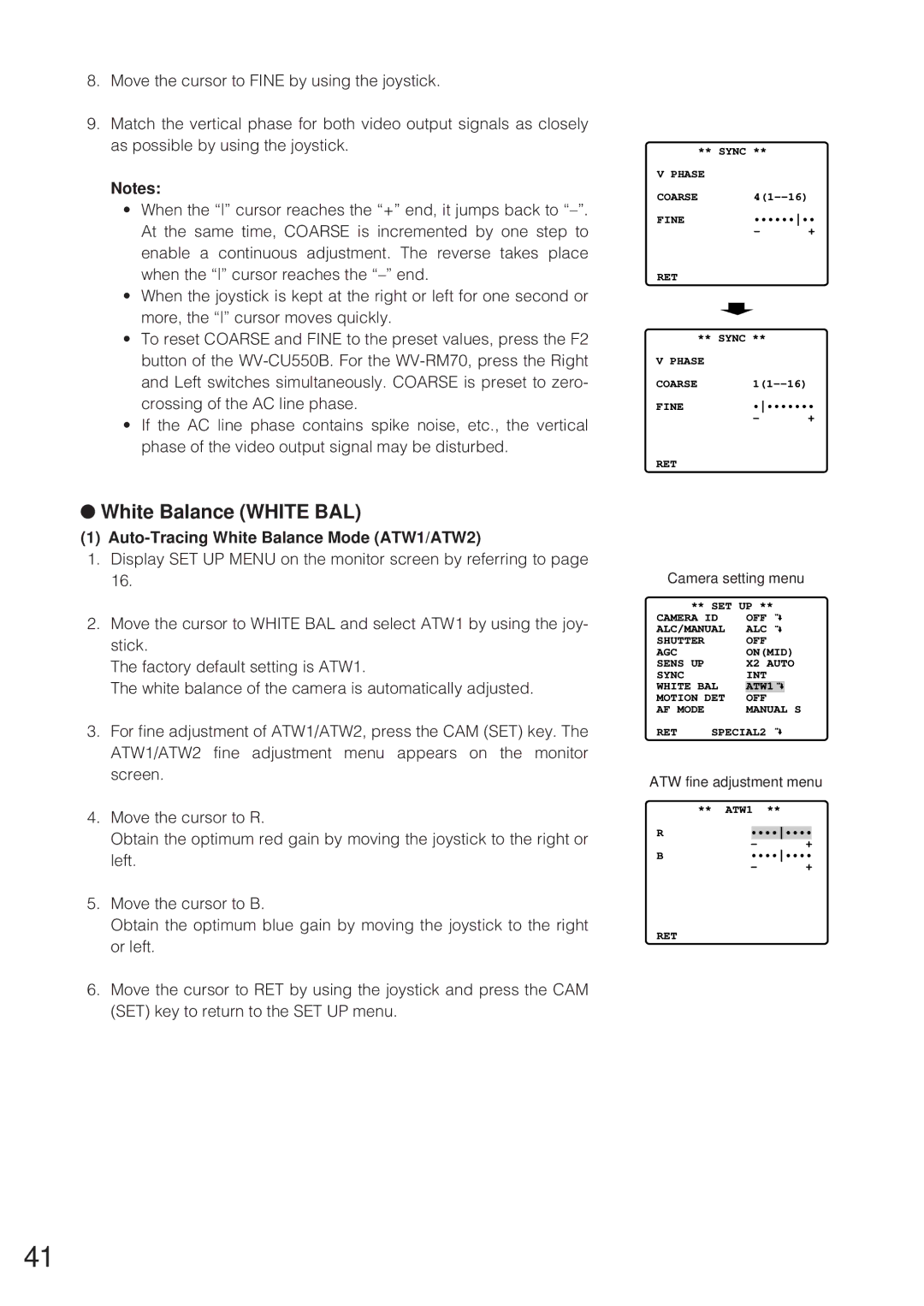 Panasonic WV-CW864 White Balance White BAL, Auto-Tracing White Balance Mode ATW1/ATW2, ATW fine adjustment menu 