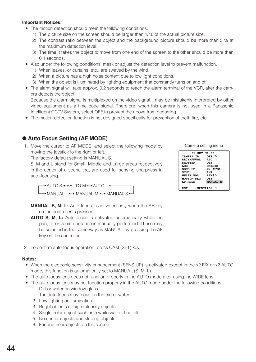 Panasonic WV-CW864 operating instructions Auto Focus Setting AF Mode, Important Notices 