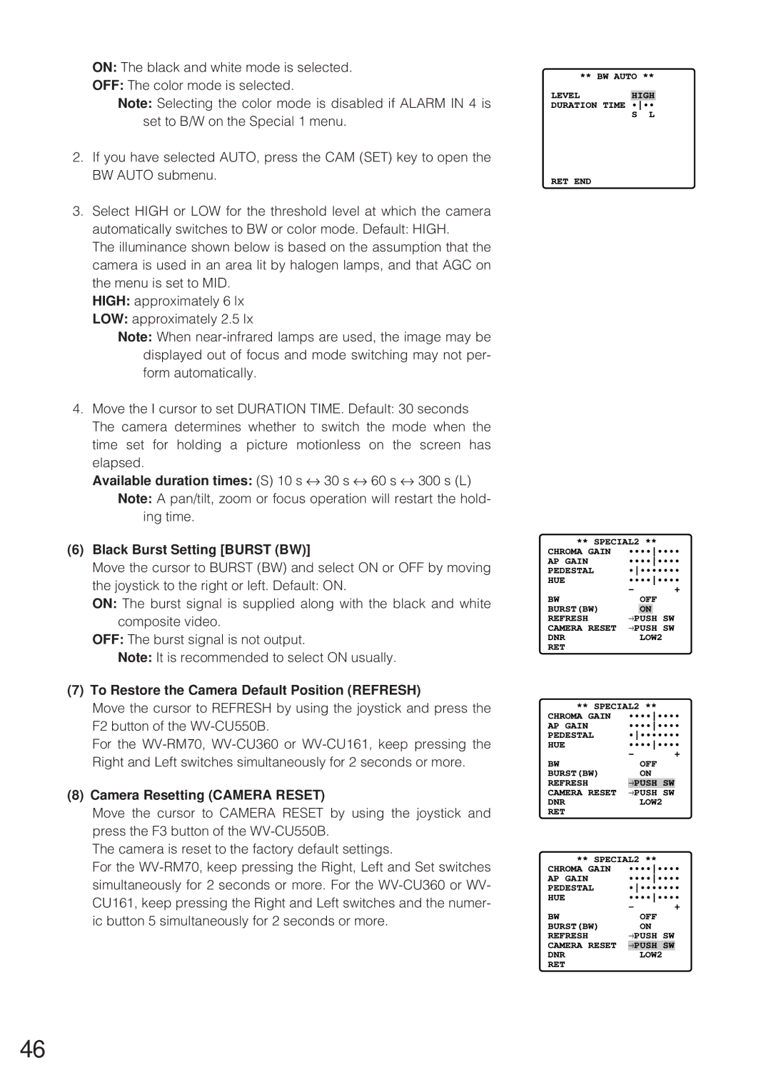 Panasonic WV-CW864 operating instructions Black Burst Setting Burst BW, To Restore the Camera Default Position Refresh 