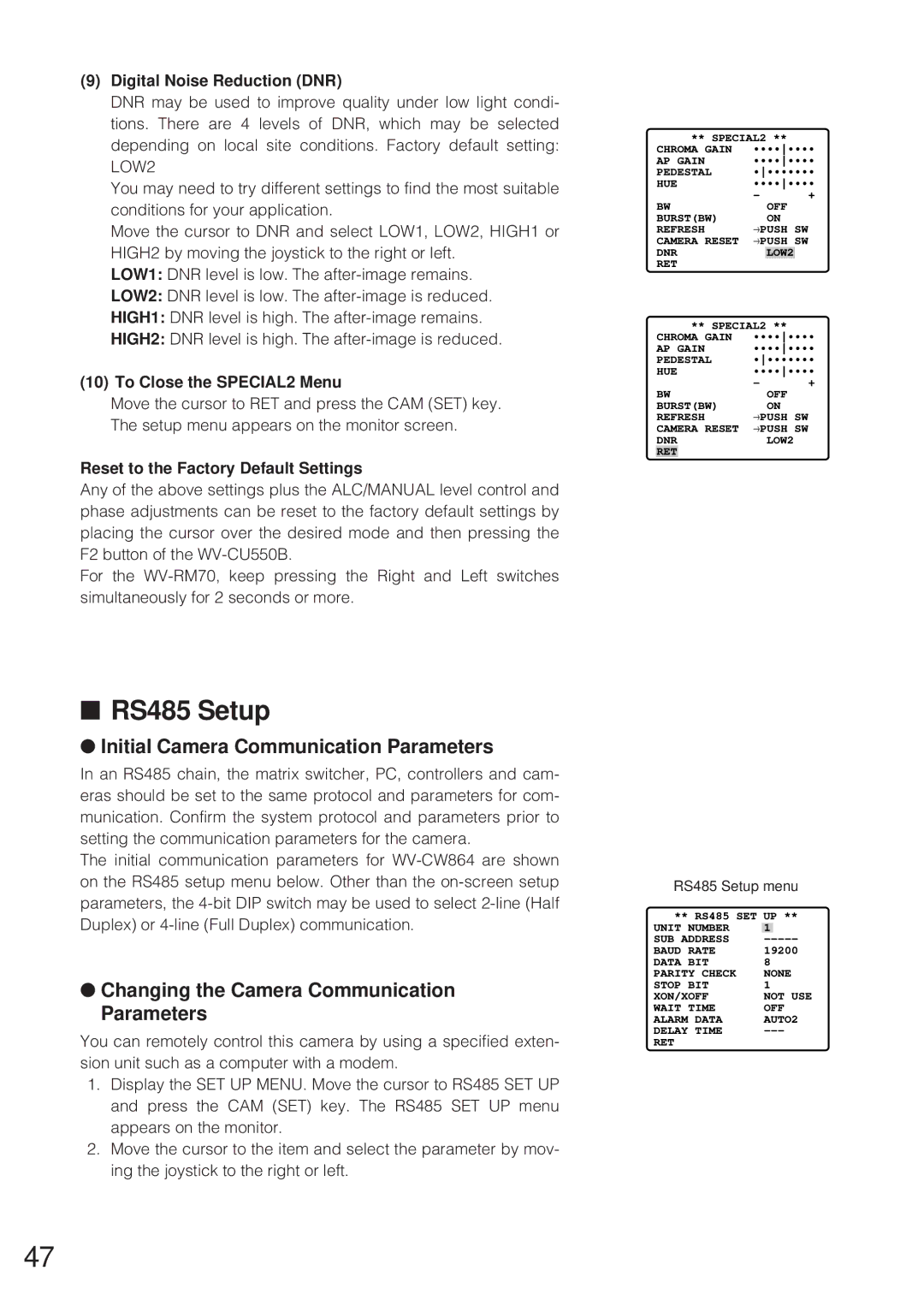 Panasonic WV-CW864 RS485 Setup, Initial Camera Communication Parameters, Changing the Camera Communication Parameters 