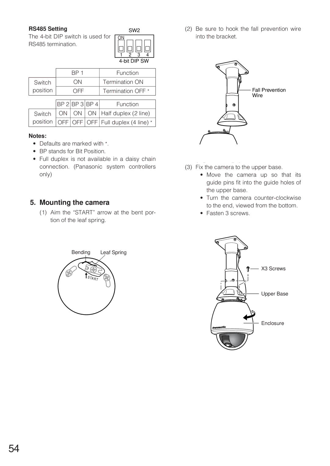 Panasonic WV-CW864 operating instructions Mounting the camera, RS485 Setting 