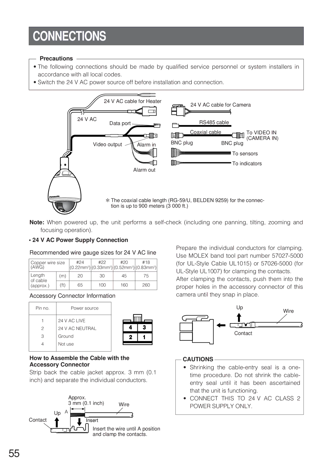 Panasonic WV-CW864 Connections, AC Power Supply Connection, How to Assemble the Cable with the Accessory Connector 