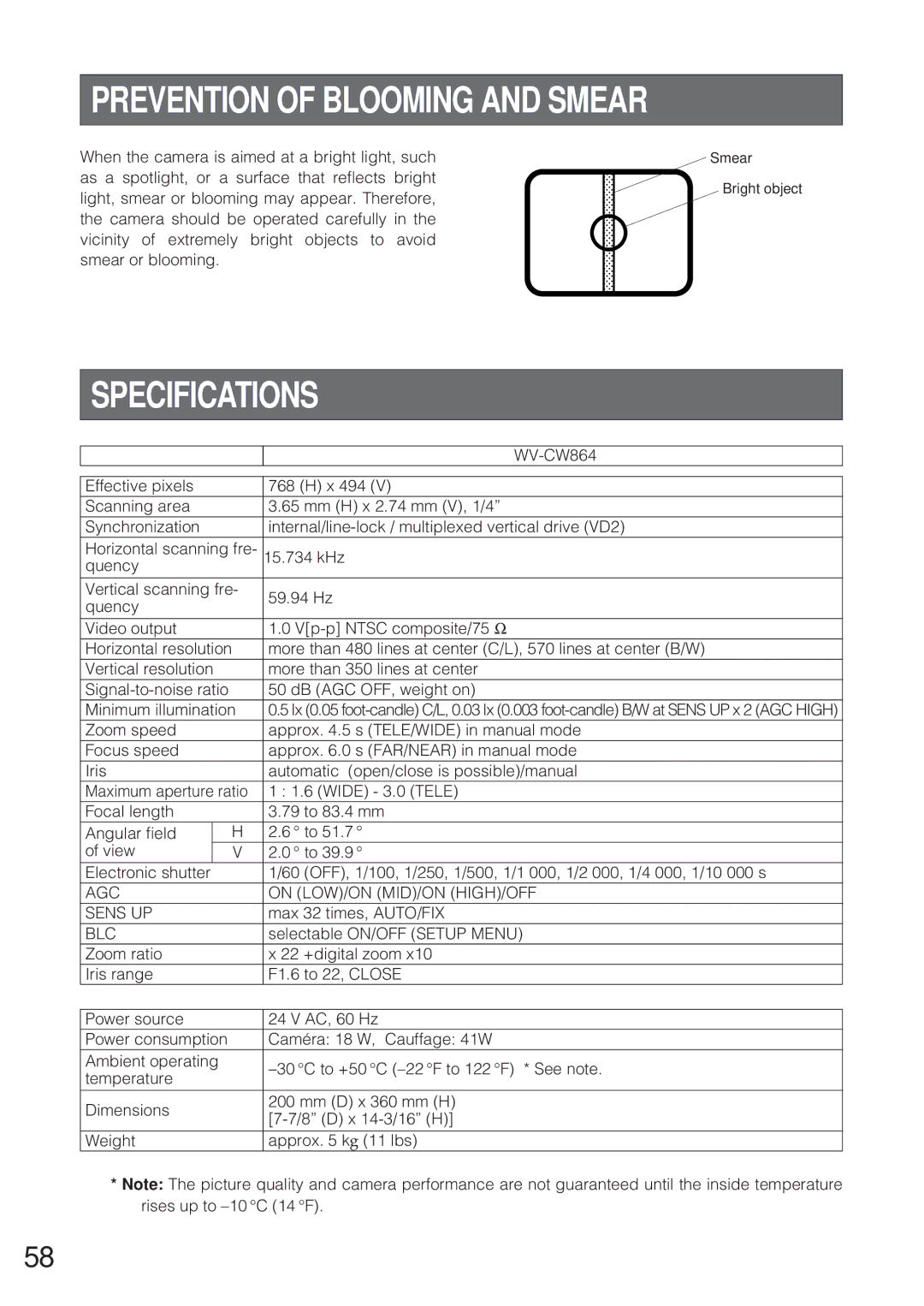 Panasonic WV-CW864 Prevention of Blooming and Smear, Specifications, Smear Bright object, Signal-to-noise ratio 