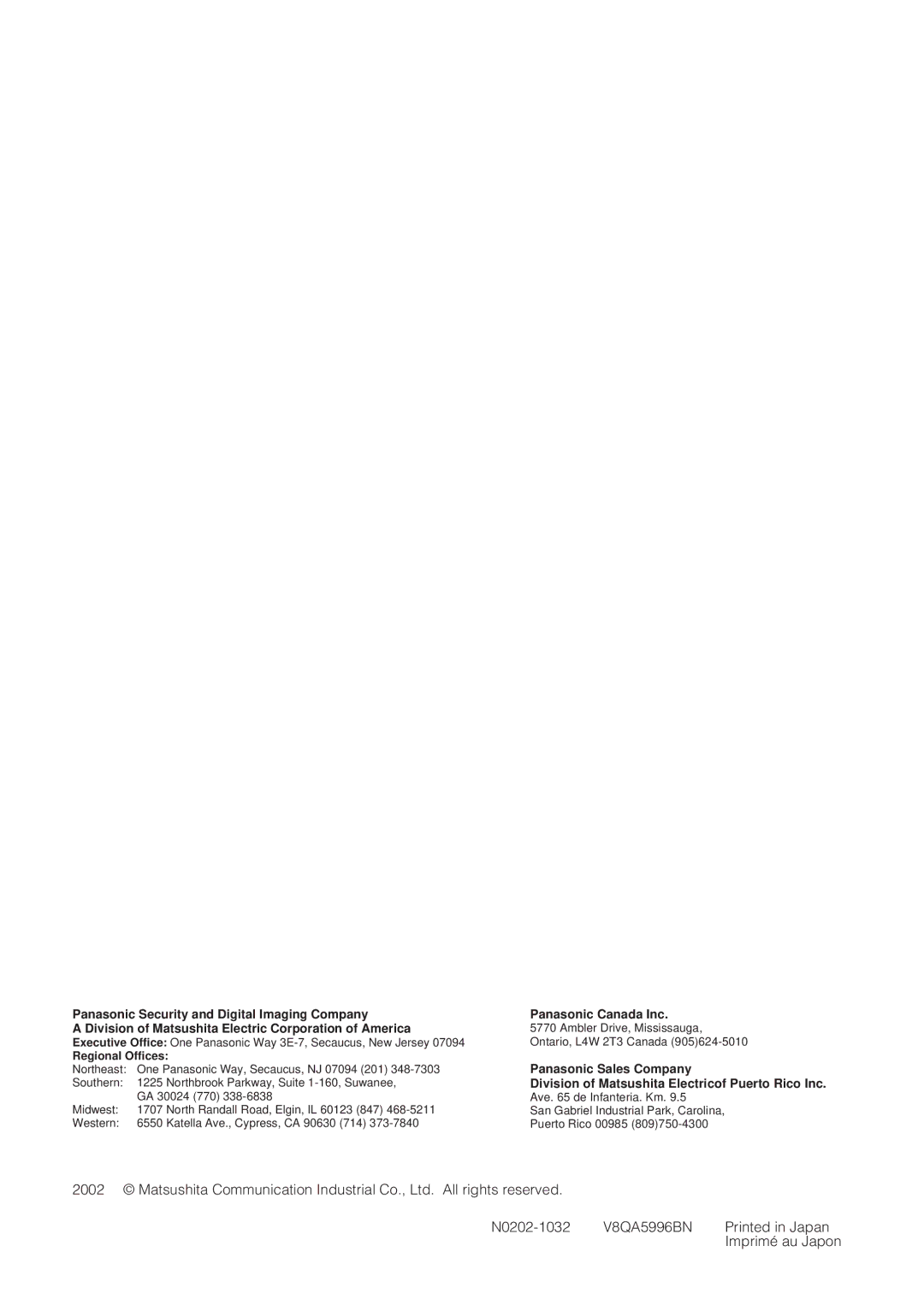 Panasonic WV-CW864 operating instructions N0202-1032 V8QA5996BN Imprimé au Japon, Regional Offices 