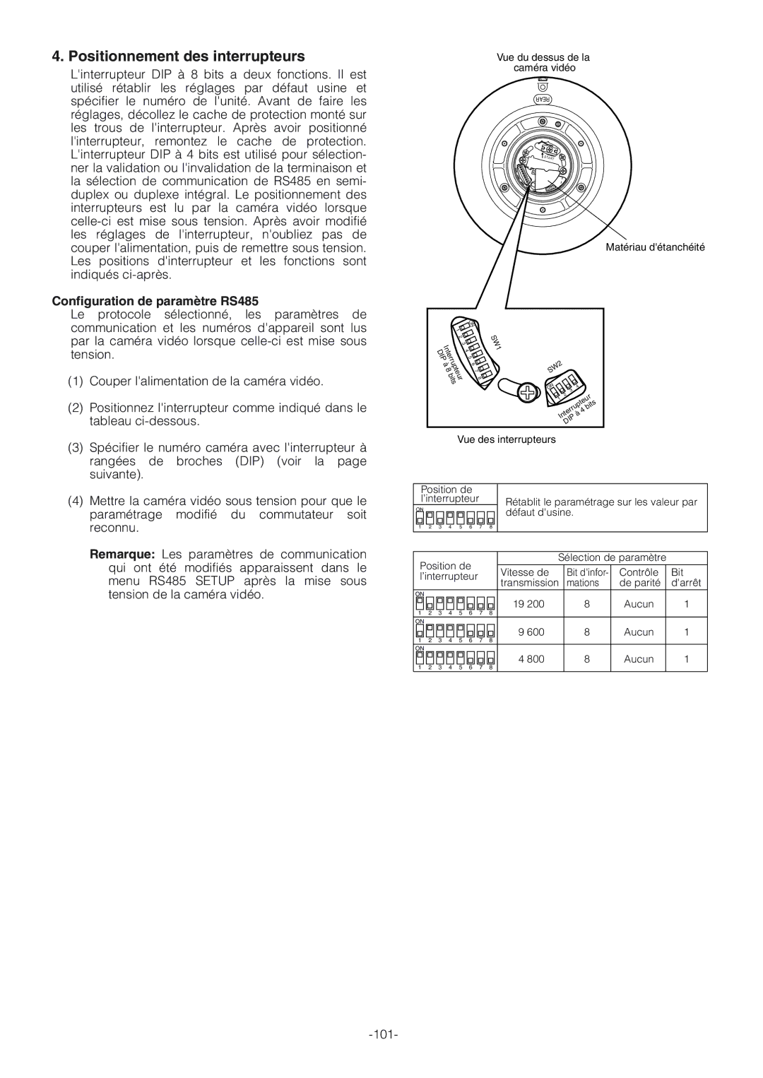 Panasonic WV-CW864A operating instructions Positionnement des interrupteurs, Configuration de paramètre RS485 