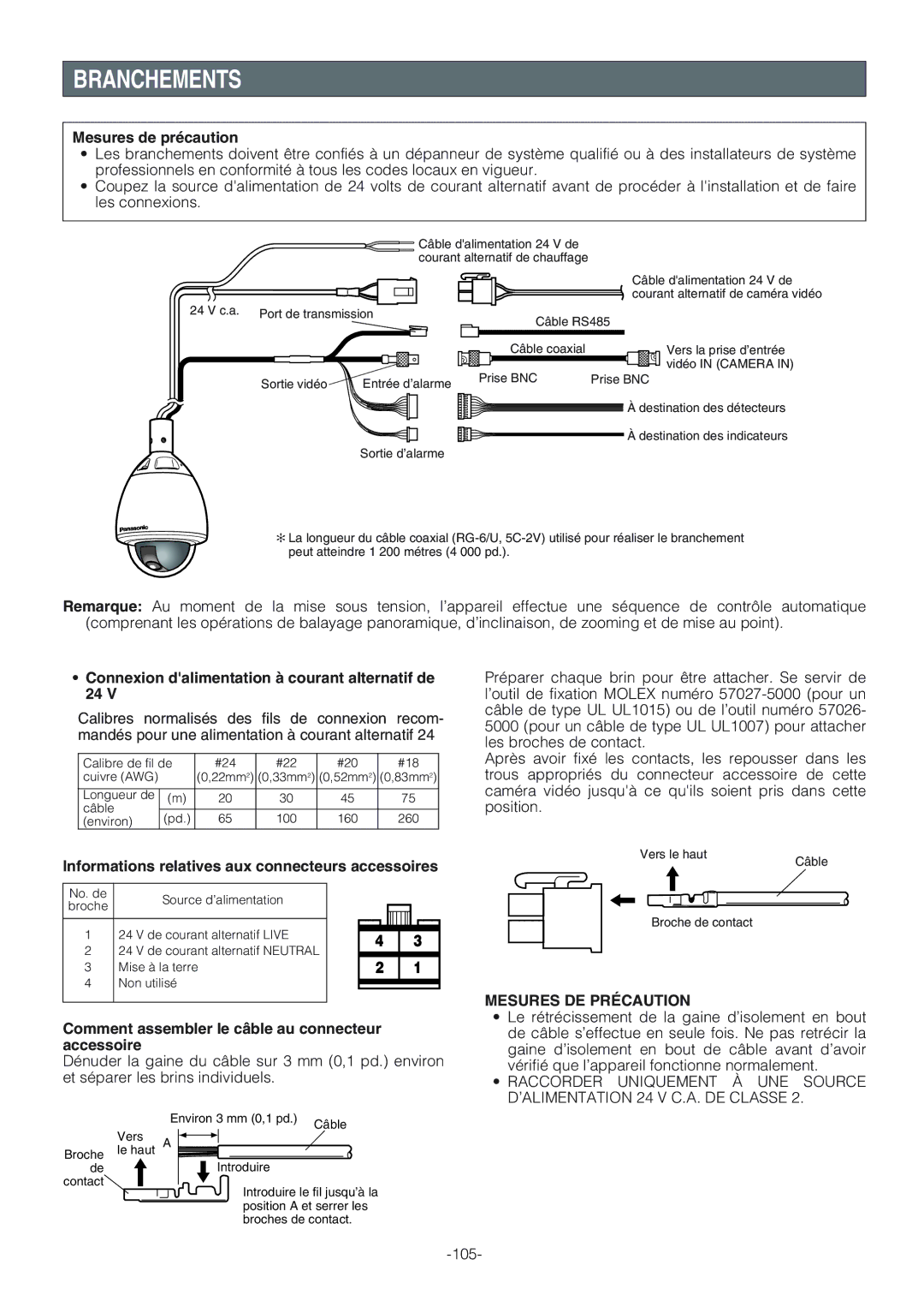 Panasonic WV-CW864A operating instructions Branchements, Connexion dalimentation à courant alternatif de 24 