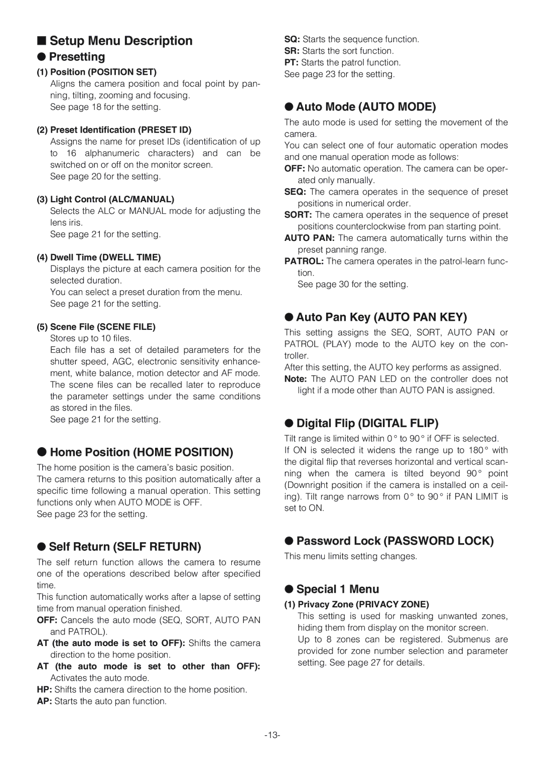 Panasonic WV-CW864A operating instructions Setup Menu Description 