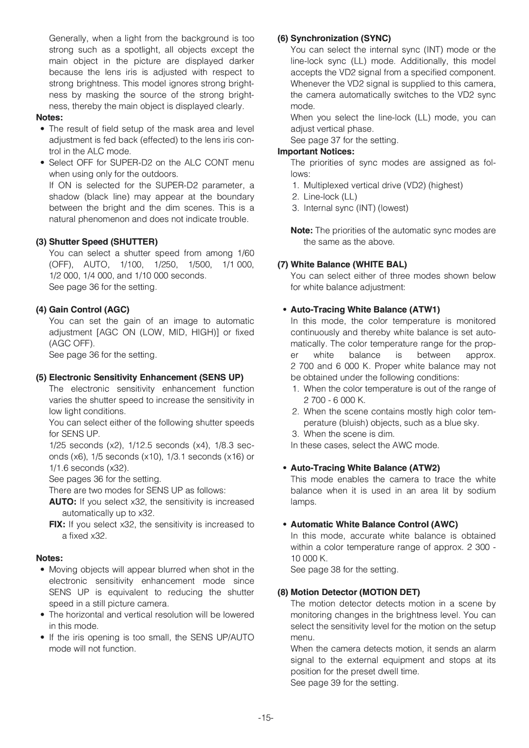 Panasonic WV-CW864A operating instructions Shutter Speed Shutter, Gain Control AGC, Synchronization Sync, Important Notices 