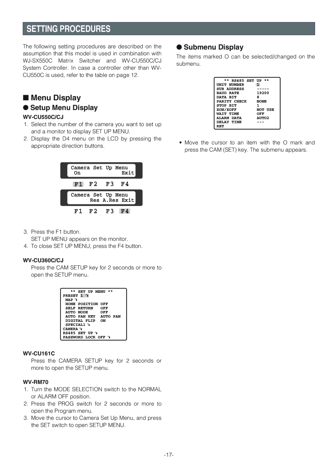 Panasonic WV-CW864A operating instructions Setting Procedures, Setup Menu Display, Submenu Display 