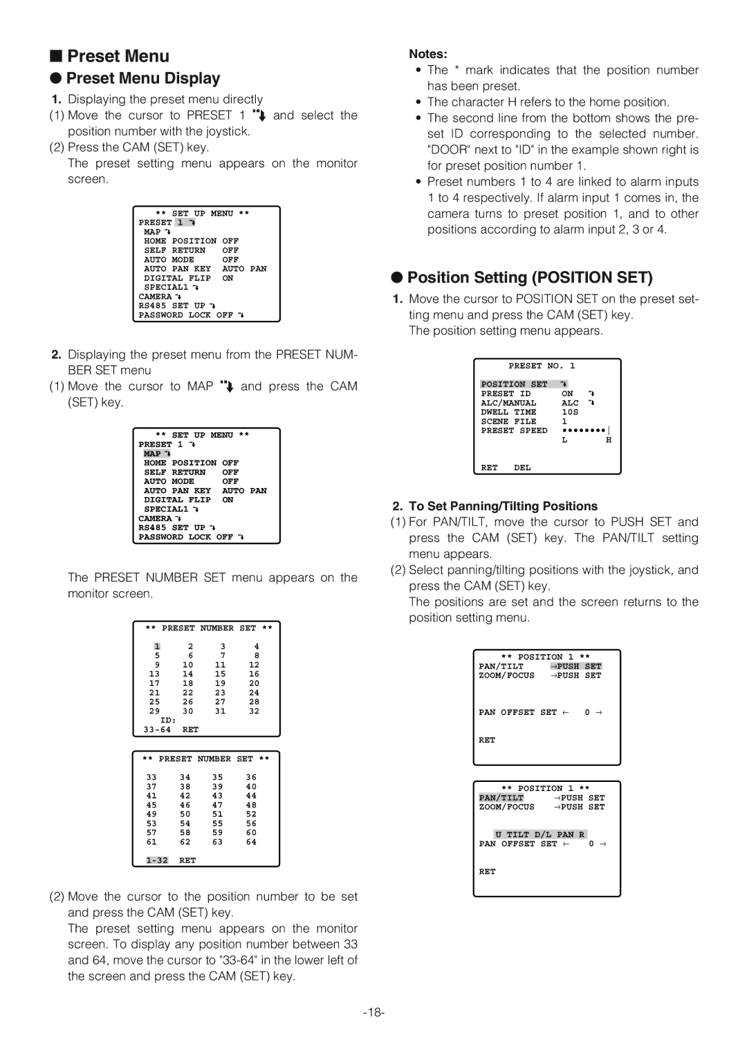 Panasonic WV-CW864A Preset Menu Display, Position Setting Position SET, To Set Panning/Tilting Positions 