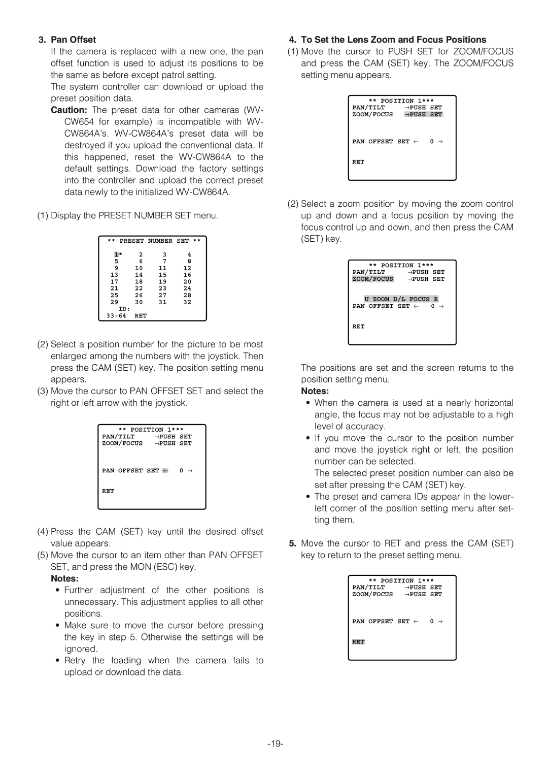 Panasonic WV-CW864A operating instructions Pan Offset, To Set the Lens Zoom and Focus Positions 