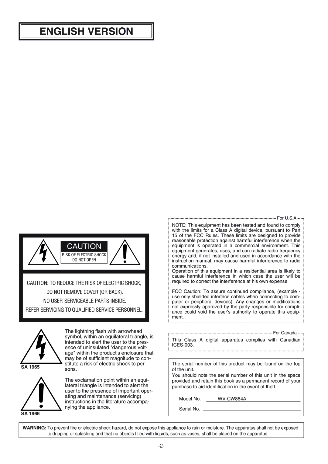 Panasonic WV-CW864A operating instructions English Version 