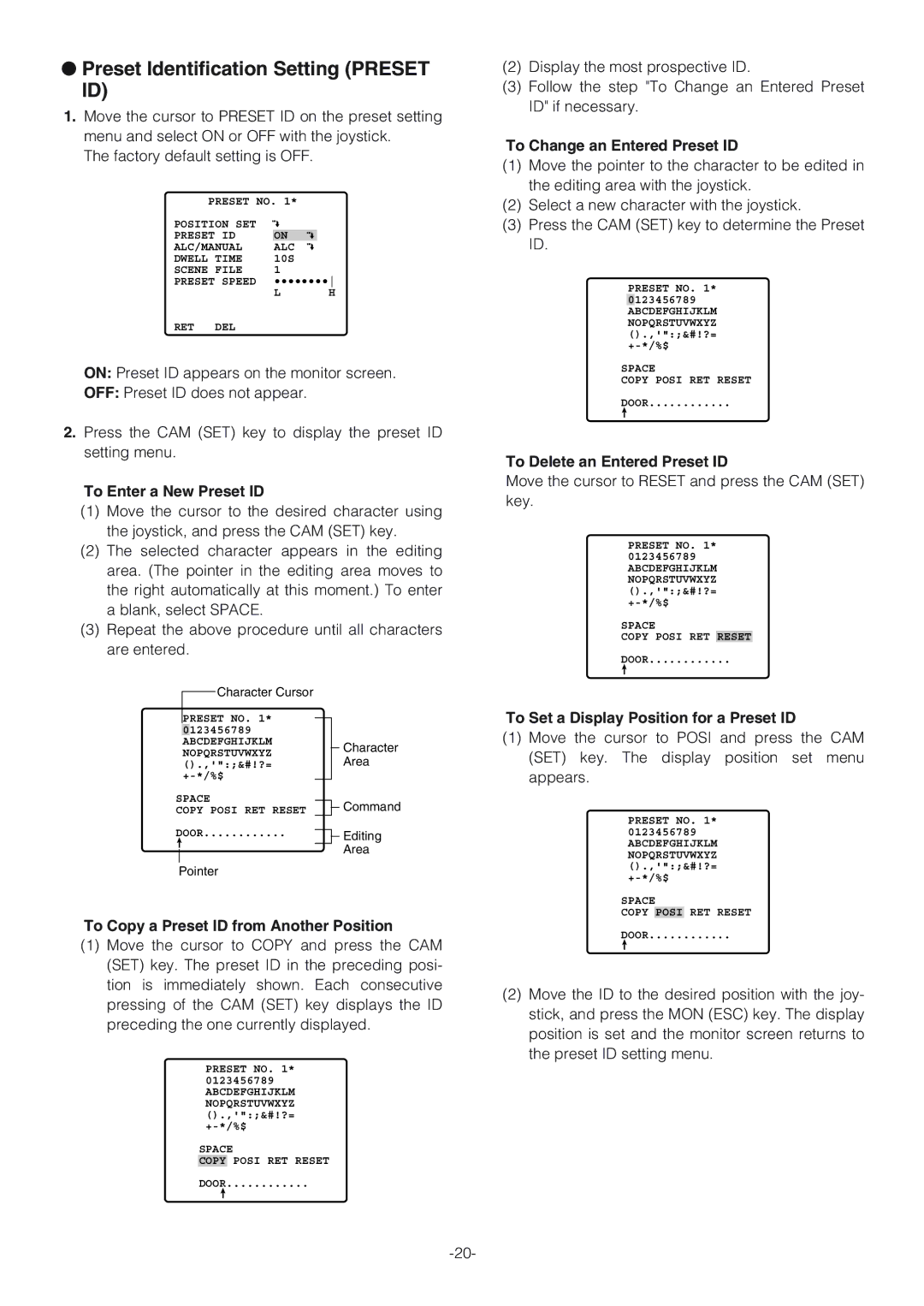 Panasonic WV-CW864A operating instructions Preset Identification Setting Preset ID 