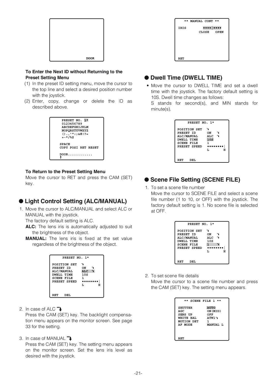 Panasonic WV-CW864A Light Control Setting ALC/MANUAL, Dwell Time Dwell Time, Scene File Setting Scene File 