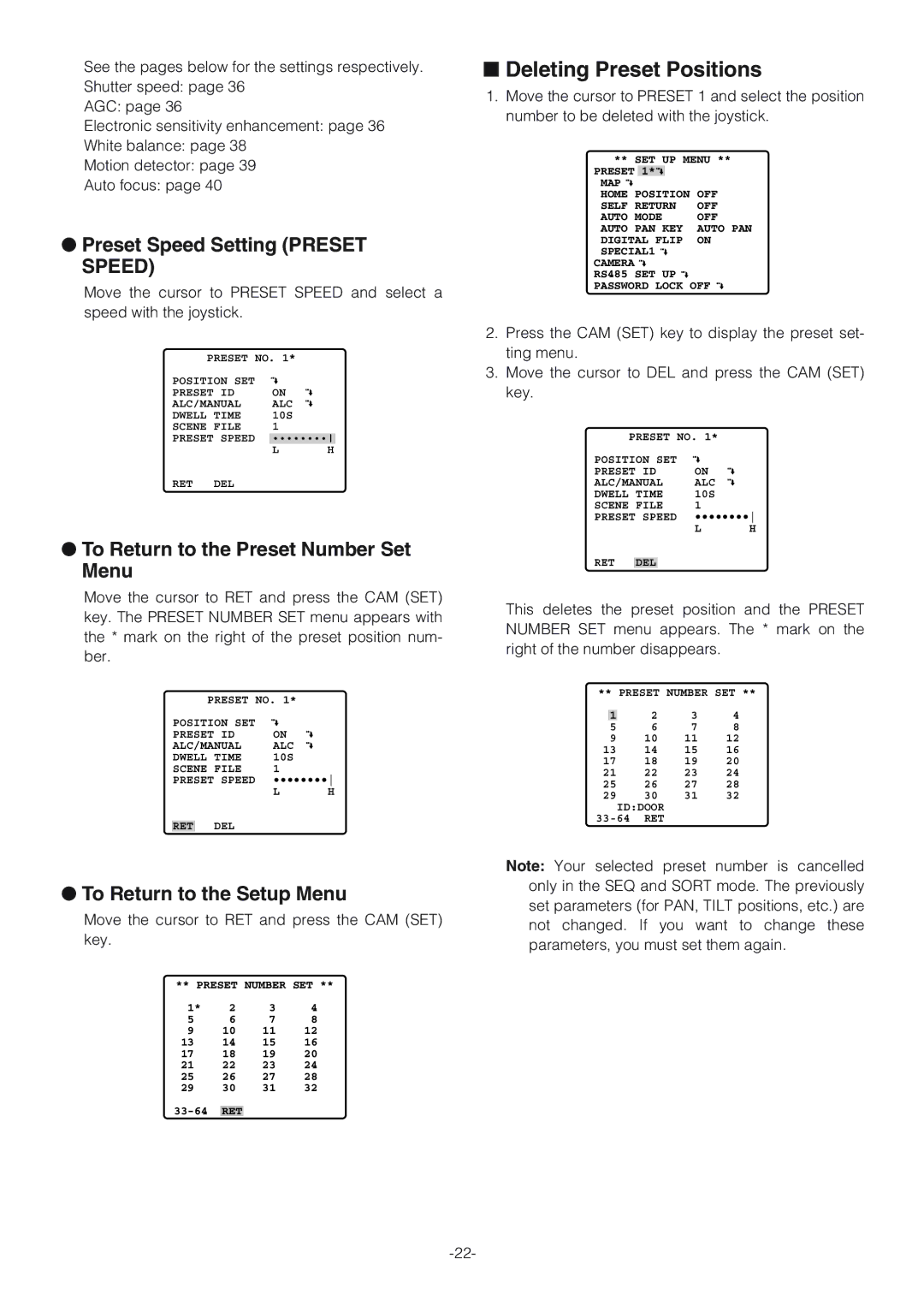 Panasonic WV-CW864A Deleting Preset Positions, Preset Speed Setting Preset Speed, To Return to the Preset Number Set Menu 