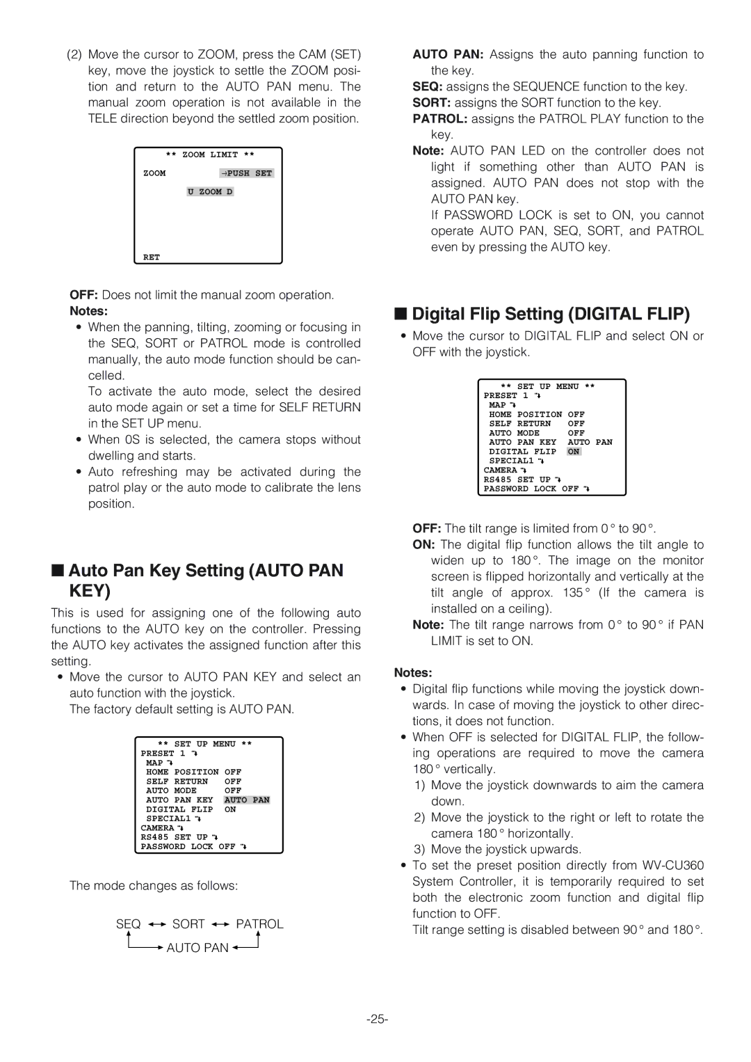 Panasonic WV-CW864A Auto Pan Key Setting Auto PAN KEY, Digital Flip Setting Digital Flip, SEQ Sort Patrol 