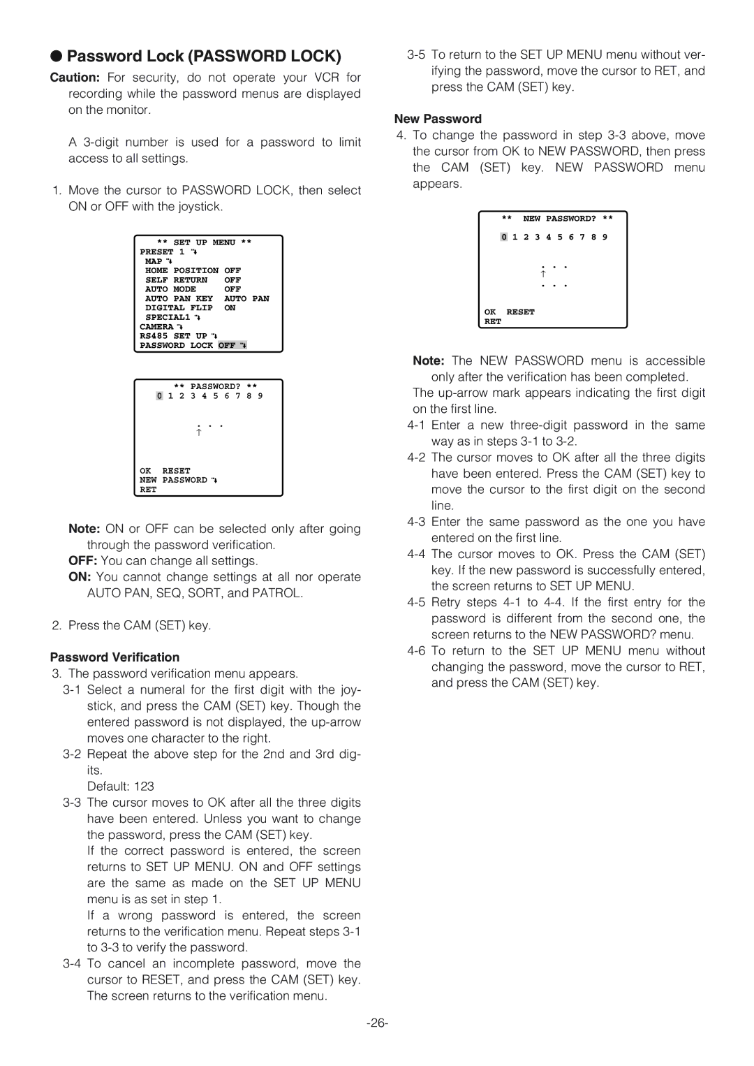 Panasonic WV-CW864A operating instructions New Password, Password Verification 