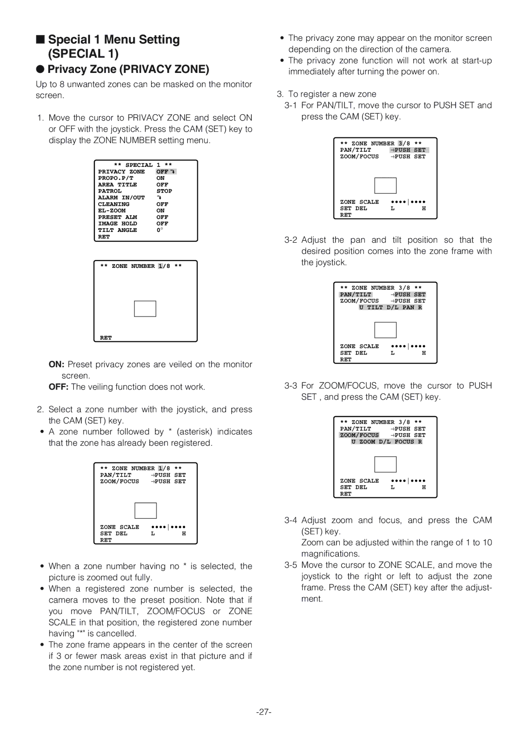 Panasonic WV-CW864A operating instructions Special 1 Menu Setting Special, Privacy Zone Privacy Zone 