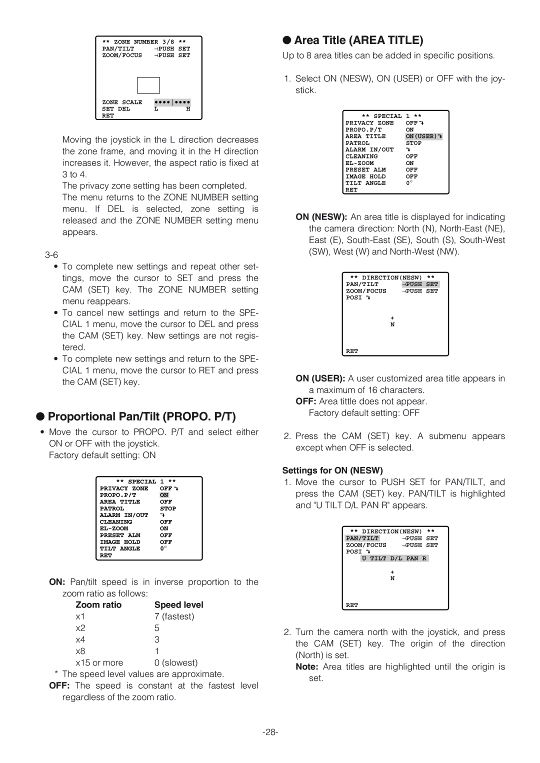 Panasonic WV-CW864A Proportional Pan/Tilt PROPO. P/T, Area Title Area Title, Zoom ratio, Settings for on Nesw 