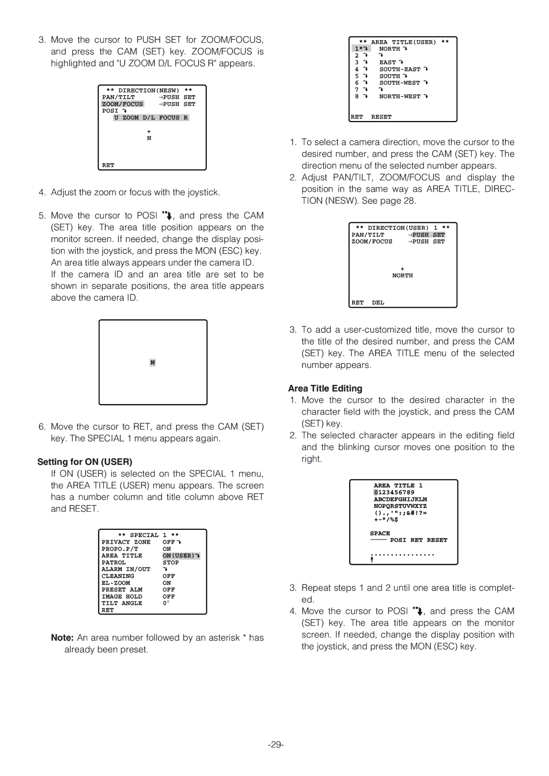 Panasonic WV-CW864A operating instructions Setting for on User, Area Title Editing 