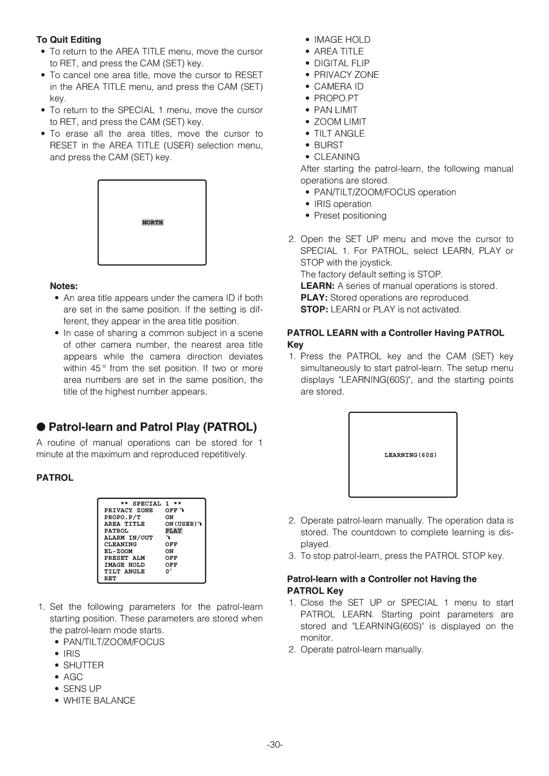 Panasonic WV-CW864A Patrol-learn and Patrol Play Patrol, To Quit Editing, Patrol Learn with a Controller Having Patrol Key 