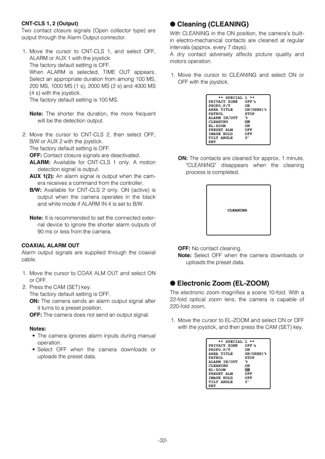 Panasonic WV-CW864A operating instructions Cleaning Cleaning, Electronic Zoom EL-ZOOM, CNT-CLS 1, 2 Output 