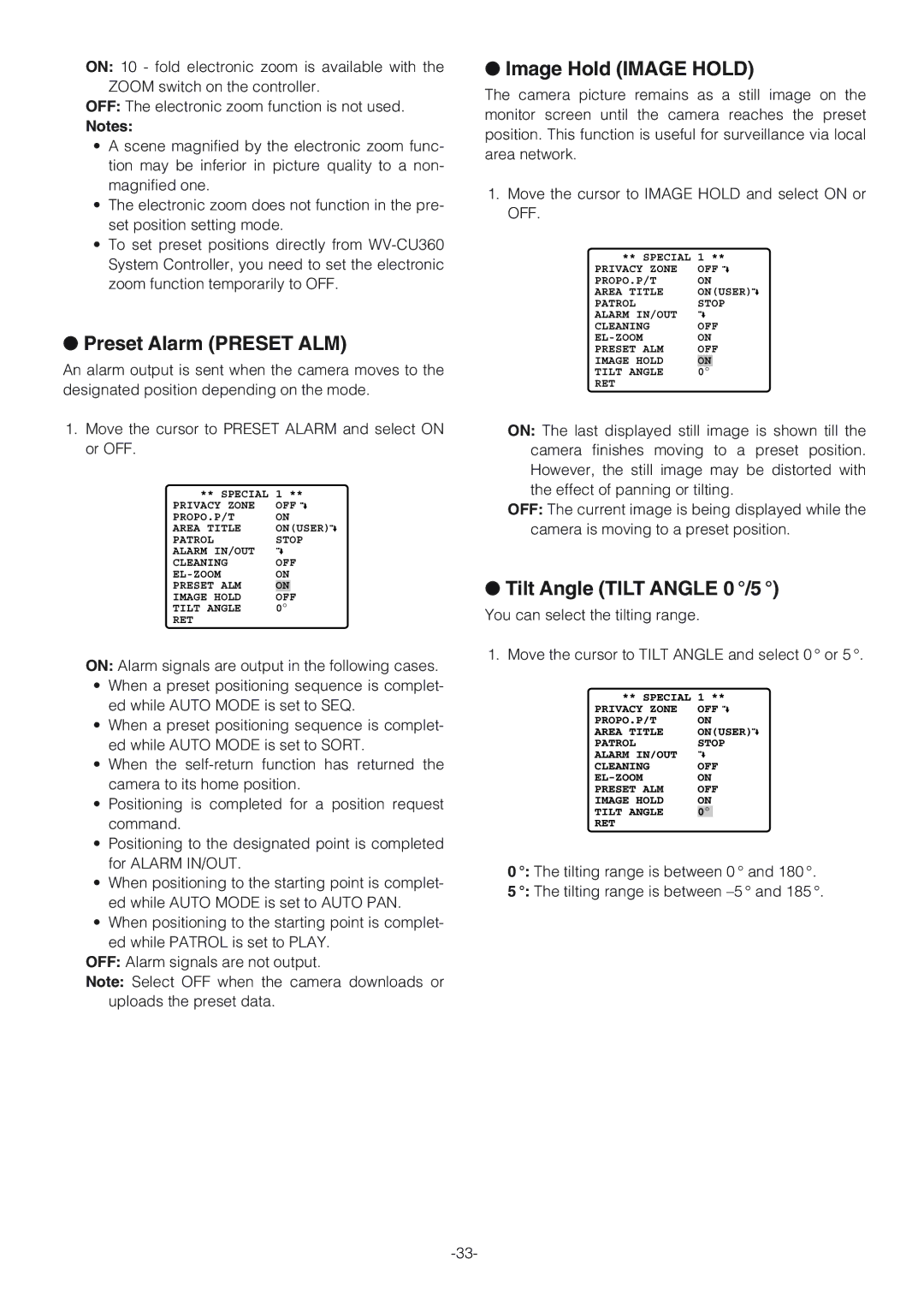 Panasonic WV-CW864A operating instructions Preset Alarm Preset ALM, Image Hold Image Hold, Tilt Angle Tilt Angle 0 /5 