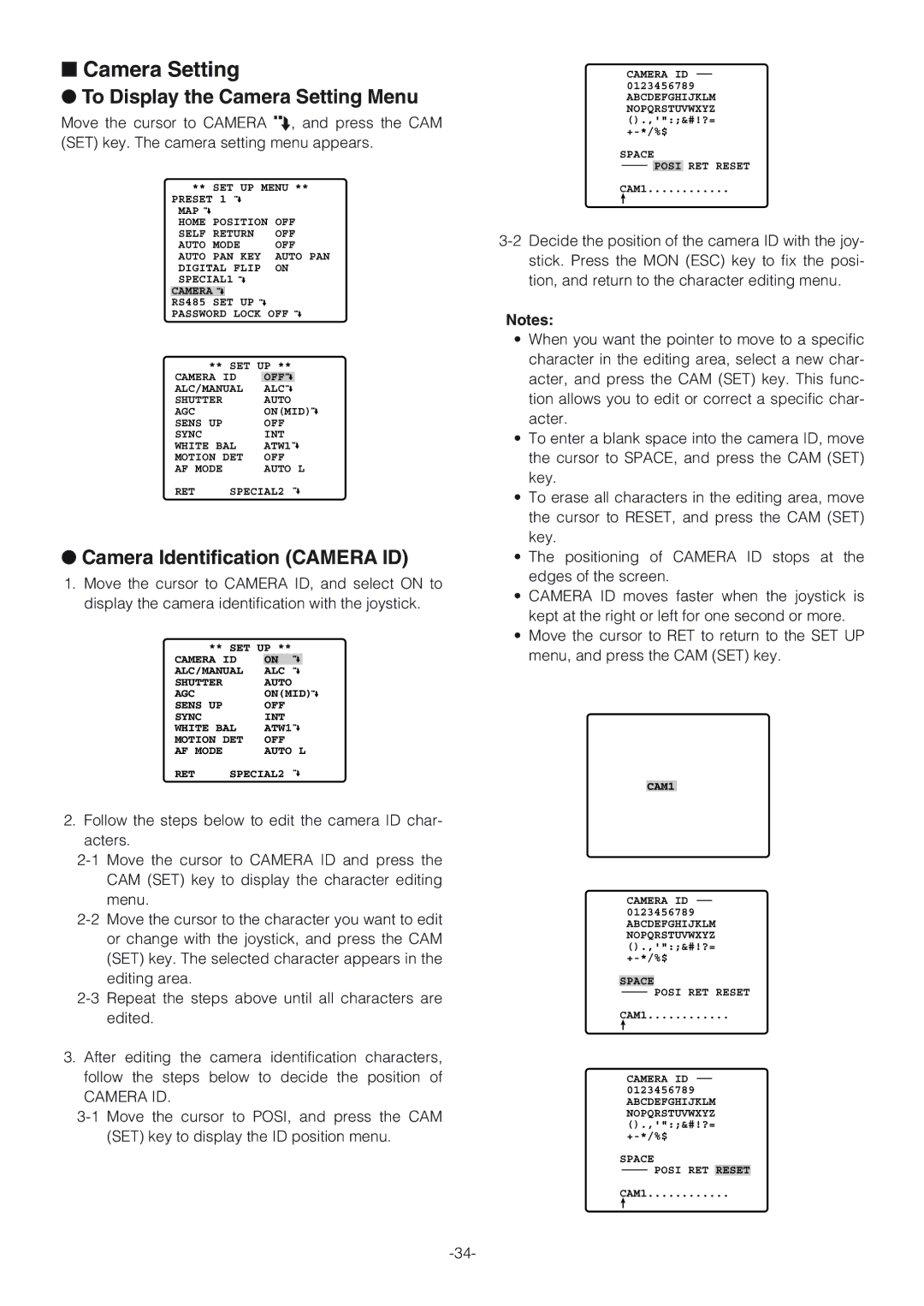 Panasonic WV-CW864A operating instructions To Display the Camera Setting Menu, Camera Identification Camera ID 