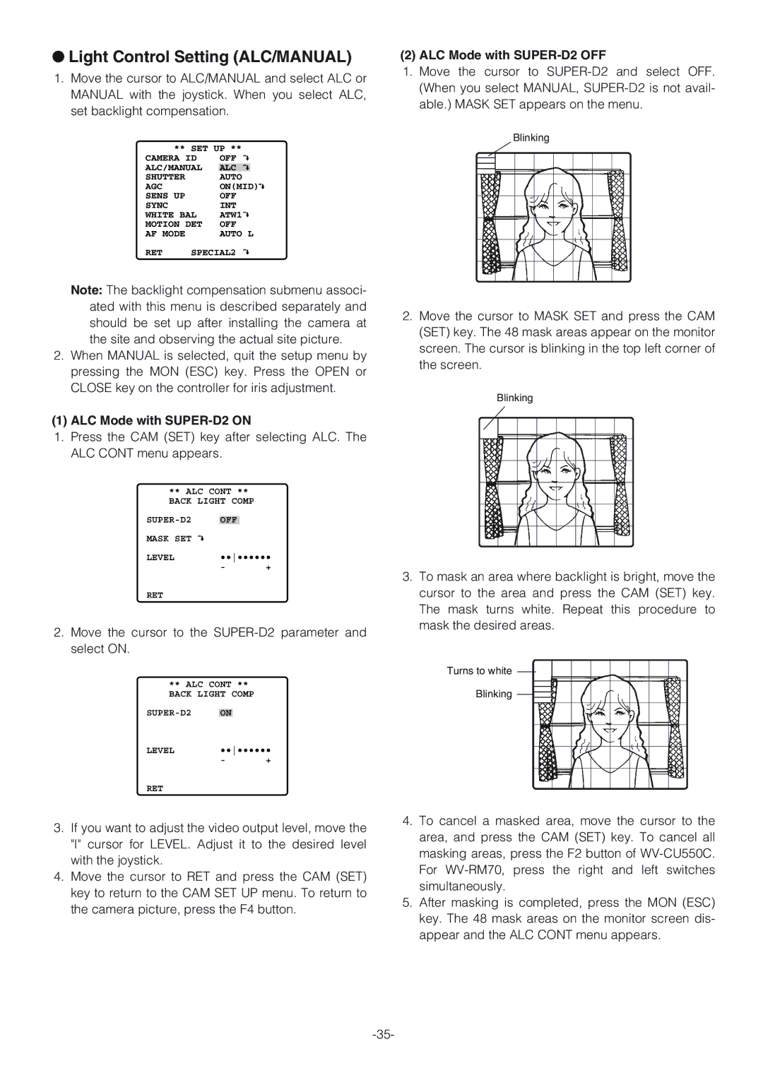 Panasonic WV-CW864A operating instructions Light Control Setting ALC/MANUAL, ALC Mode with SUPER-D2 on 