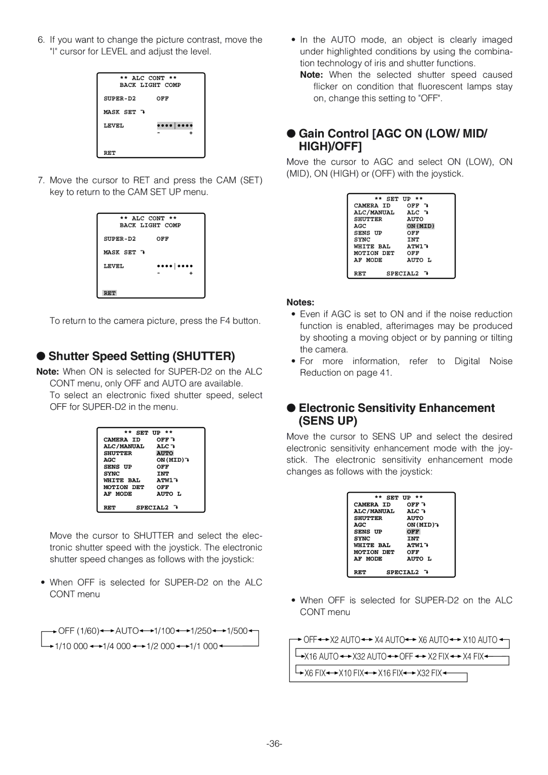 Panasonic WV-CW864A operating instructions Shutter Speed Setting Shutter, Gain Control AGC on LOW/ MID/ HIGH/OFF 