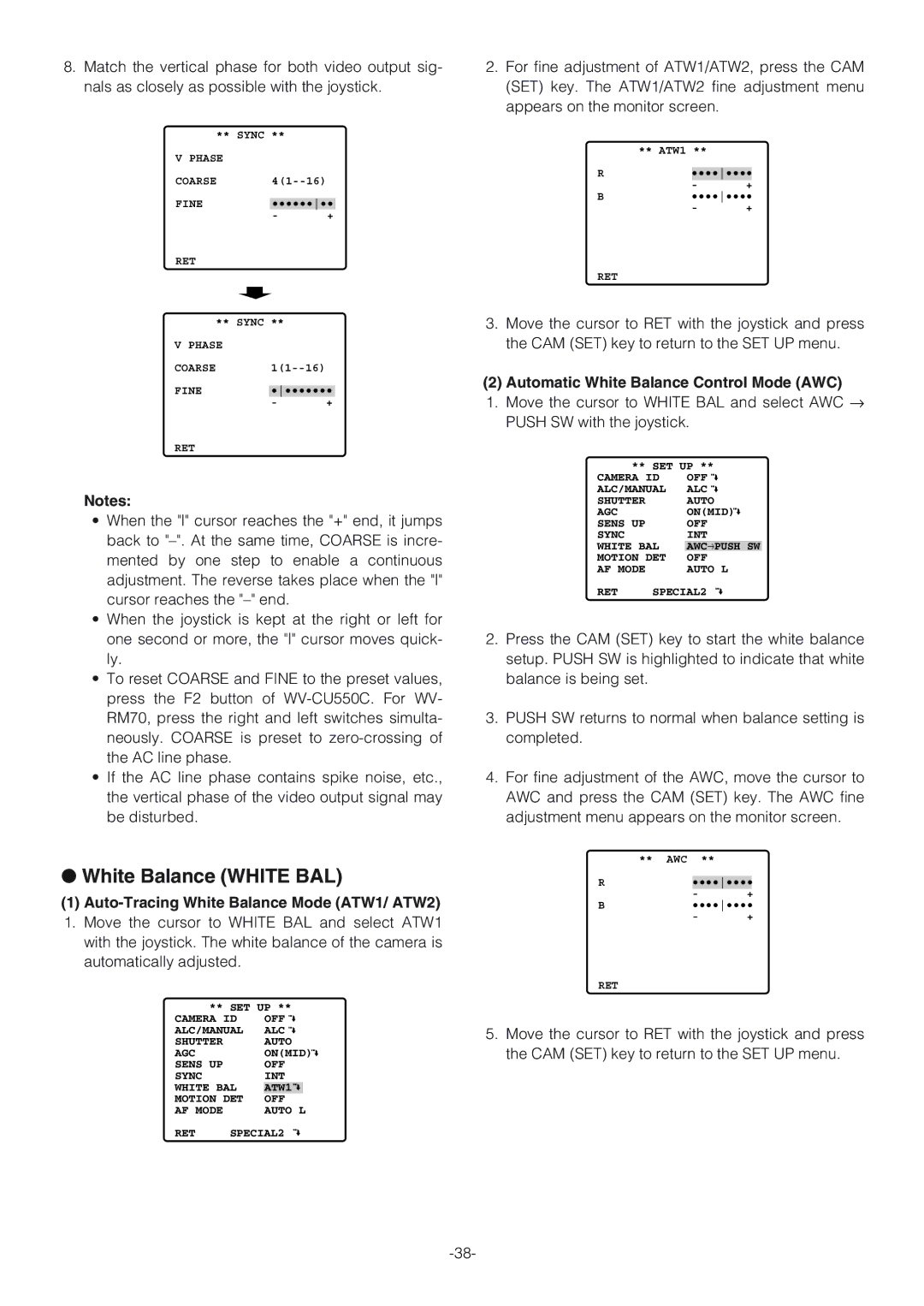 Panasonic WV-CW864A operating instructions White Balance White BAL, Auto-Tracing White Balance Mode ATW1/ ATW2 