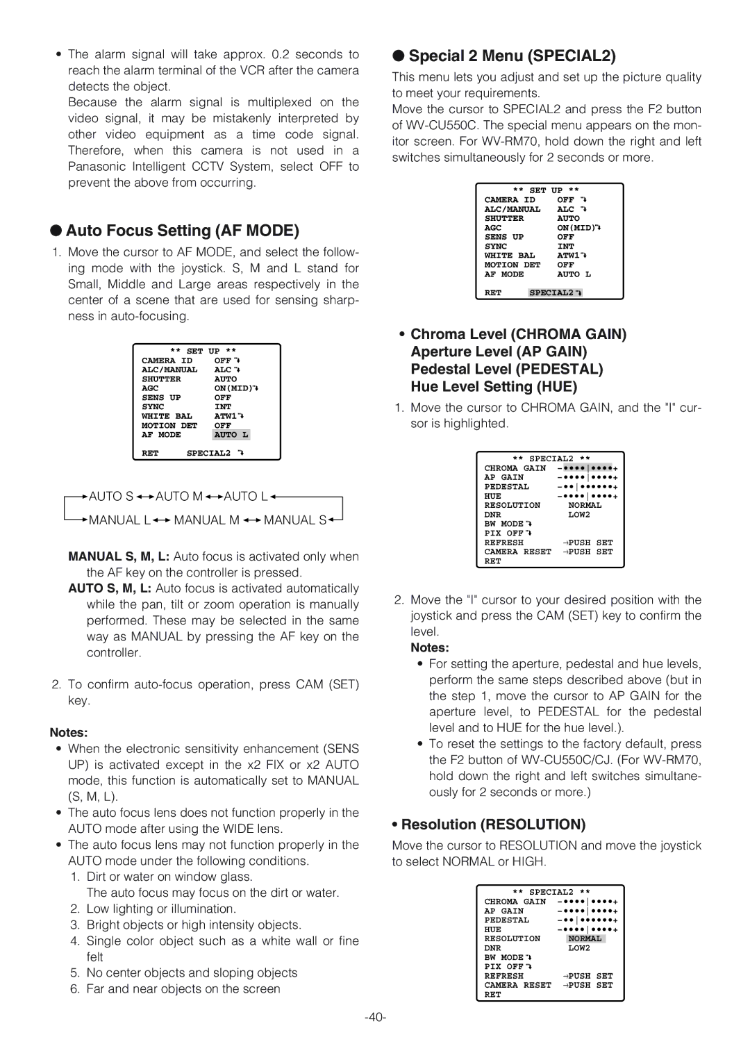 Panasonic WV-CW864A operating instructions Auto Focus Setting AF Mode, Special 2 Menu SPECIAL2, Resolution Resolution 