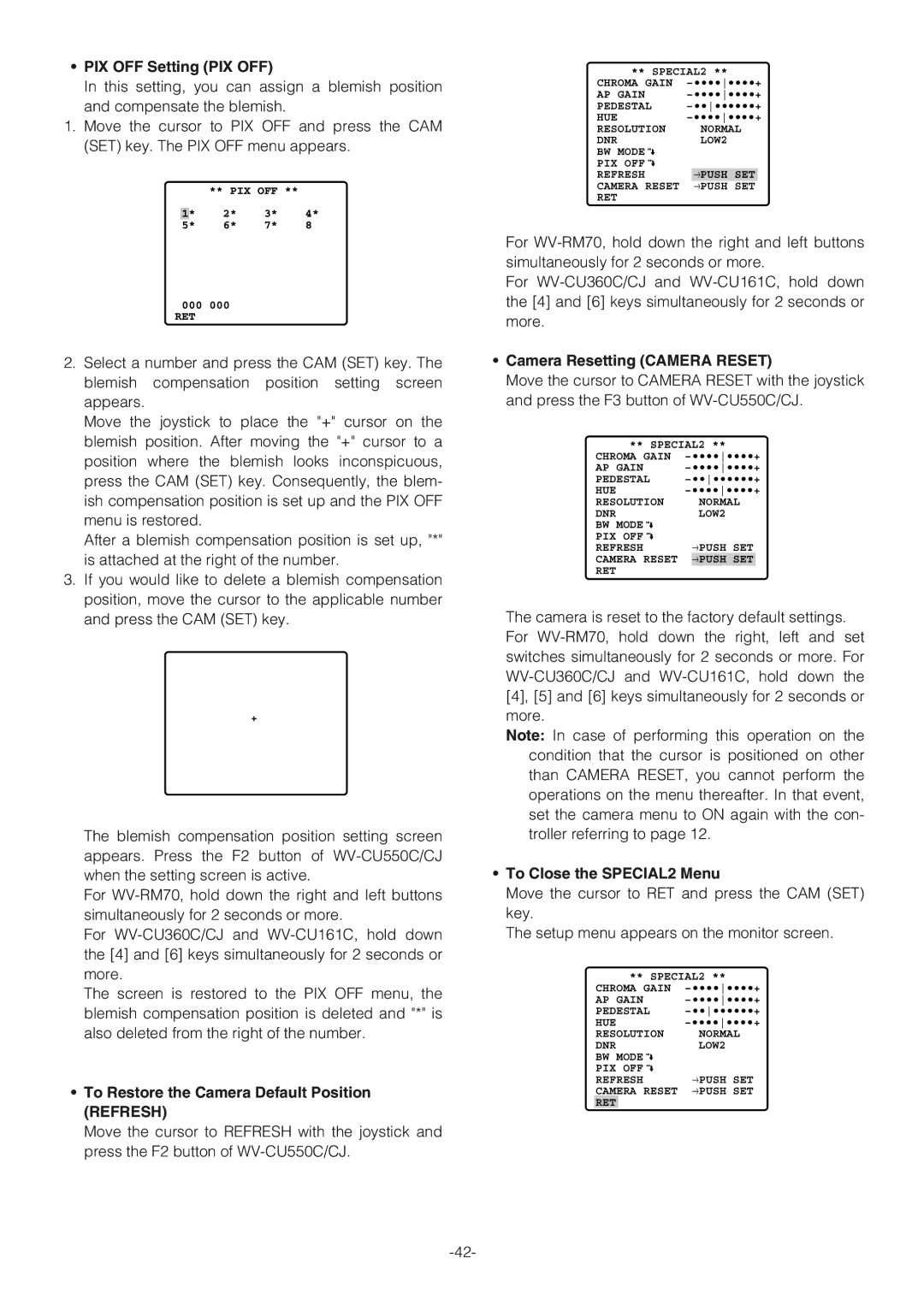 Panasonic WV-CW864A PIX OFF Setting PIX OFF, To Restore the Camera Default Position Refresh, Camera Resetting Camera Reset 