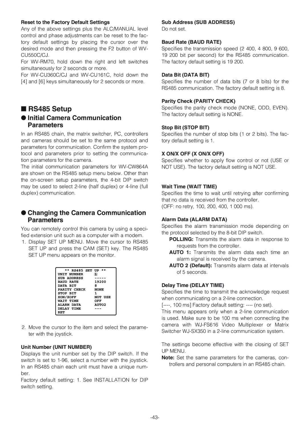 Panasonic WV-CW864A RS485 Setup, Initial Camera Communication Parameters, Changing the Camera Communication Parameters 