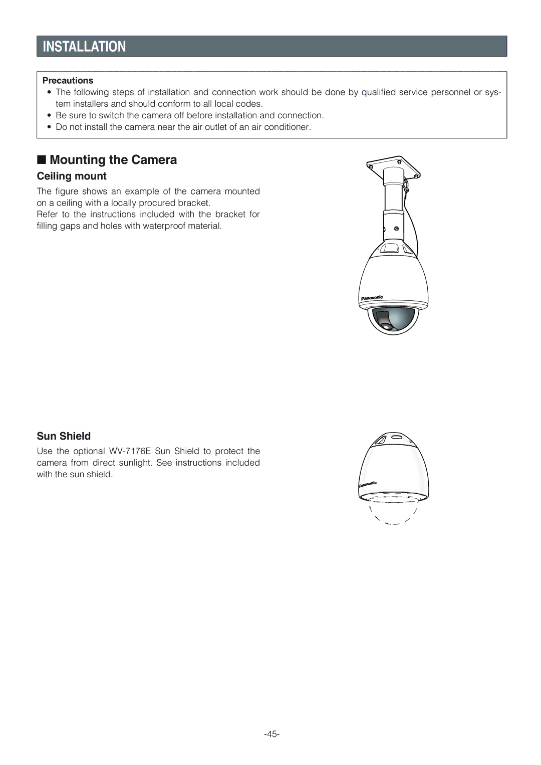 Panasonic WV-CW864A operating instructions Installation, Mounting the Camera, Ceiling mount, Sun Shield, Precautions 