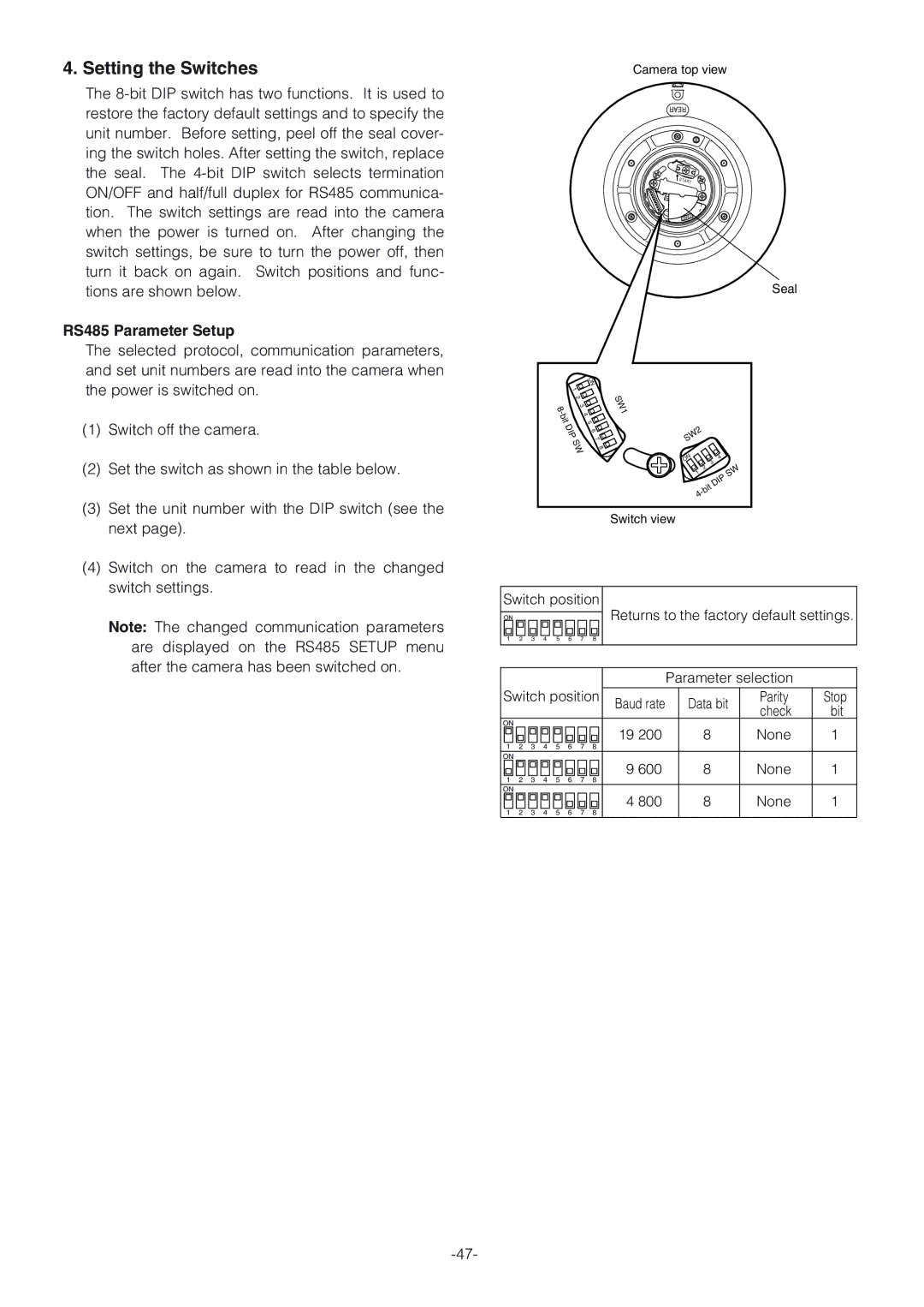 Panasonic WV-CW864A operating instructions Setting the Switches, RS485 Parameter Setup 