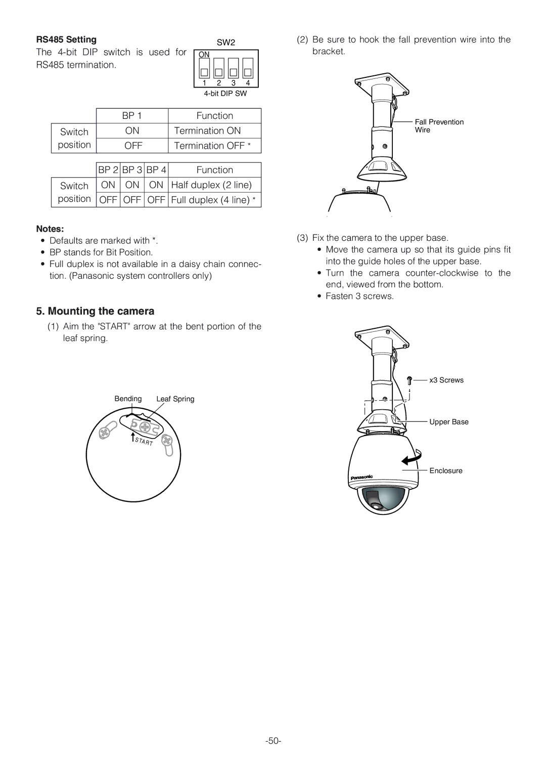 Panasonic WV-CW864A operating instructions Mounting the camera, RS485 Setting, SW2 