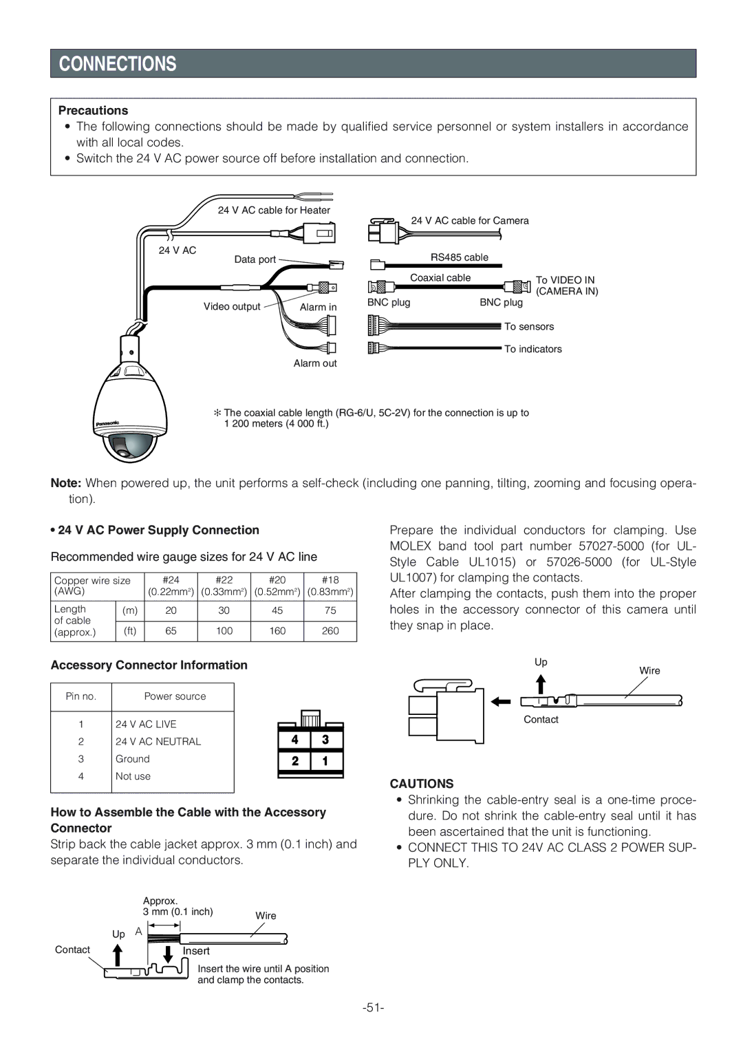 Panasonic WV-CW864A operating instructions Connections, AC Power Supply Connection, Accessory Connector Information 