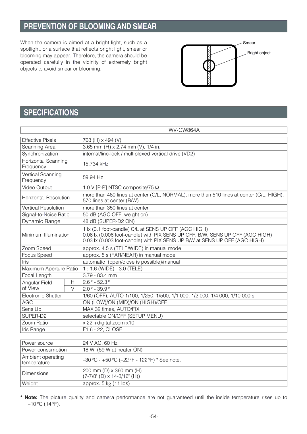 Panasonic WV-CW864A operating instructions Prevention of Blooming and Smear, Specifications, AGC On LOW/ON MID/ON HIGH/OFF 