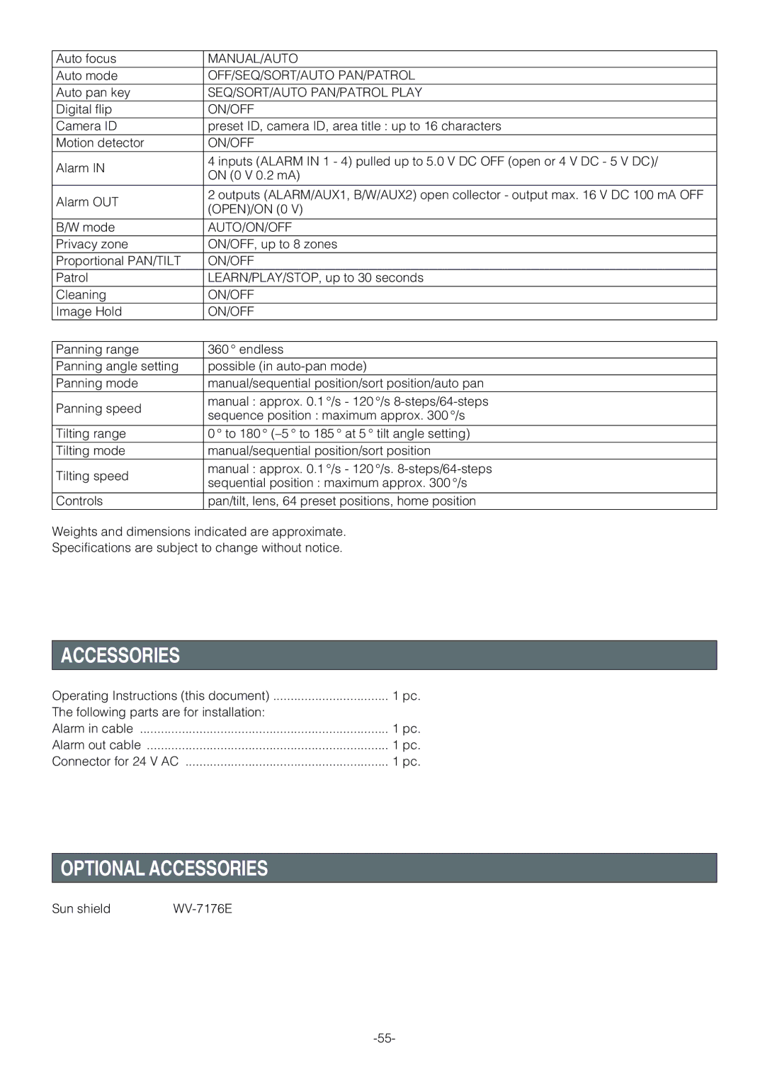 Panasonic WV-CW864A operating instructions Optional Accessories 