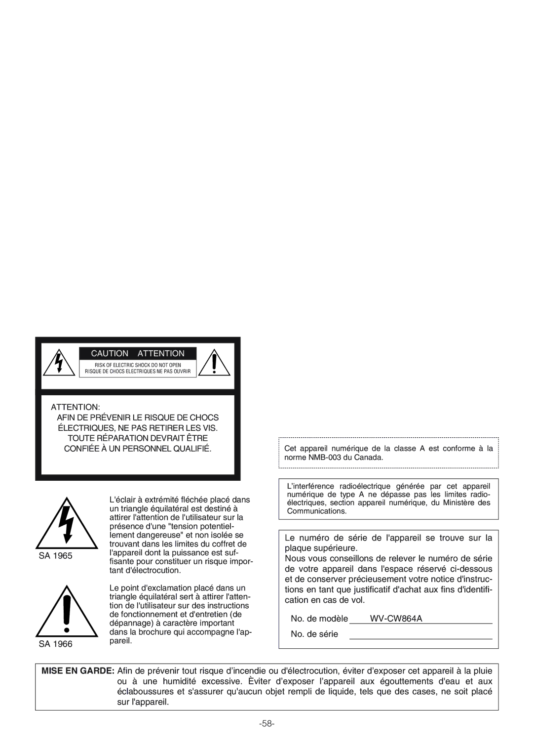 Panasonic WV-CW864A operating instructions Pareil 