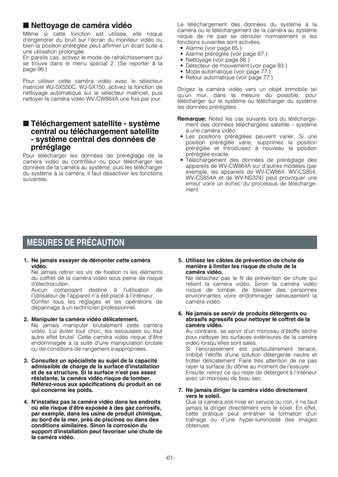 Panasonic WV-CW864A Mesures DE Précaution, Nettoyage de caméra vidéo, Ne jamais essayer de démonter cette caméra vidéo 