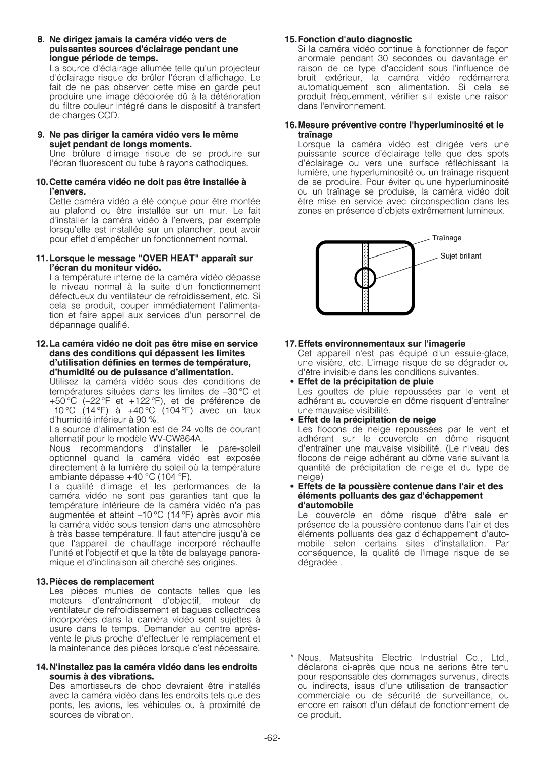 Panasonic WV-CW864A Cette caméra vidéo ne doit pas être installée à l’envers, 13. Pièces de remplacement 