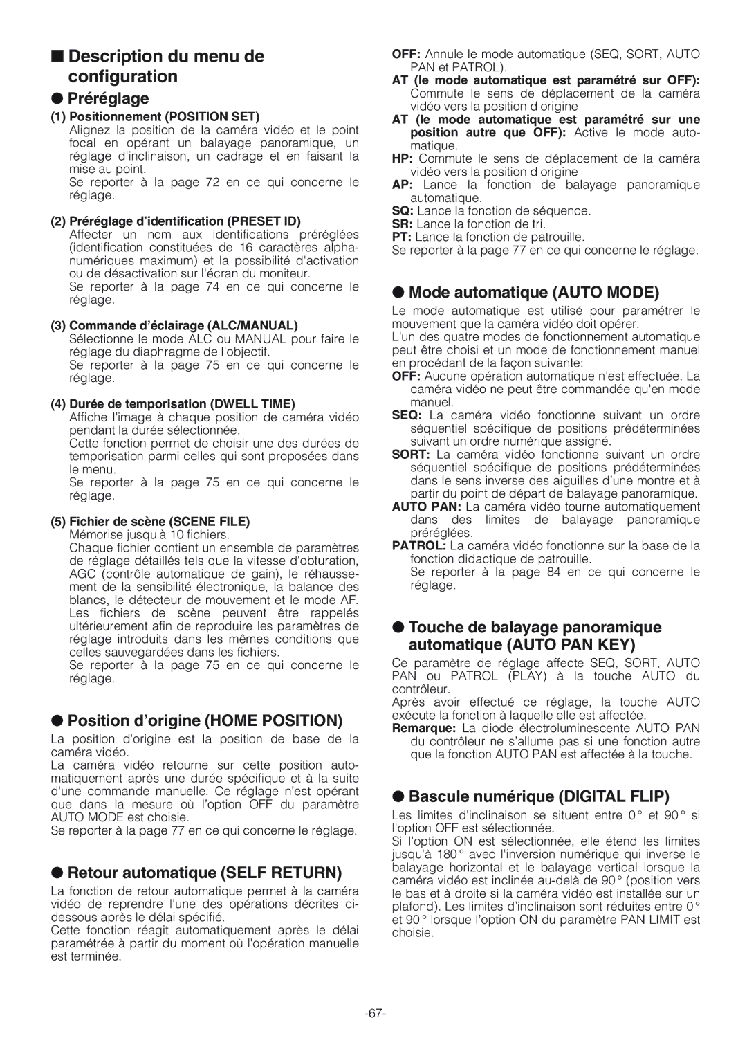 Panasonic WV-CW864A operating instructions Description du menu de configuration 