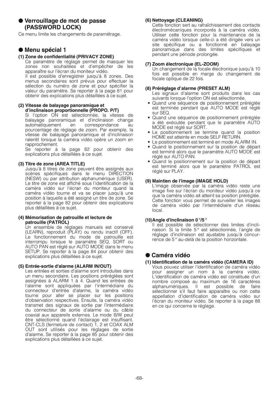 Panasonic WV-CW864A operating instructions Verrouillage de mot de passe, Password Lock, Menu spécial, Caméra vidéo 