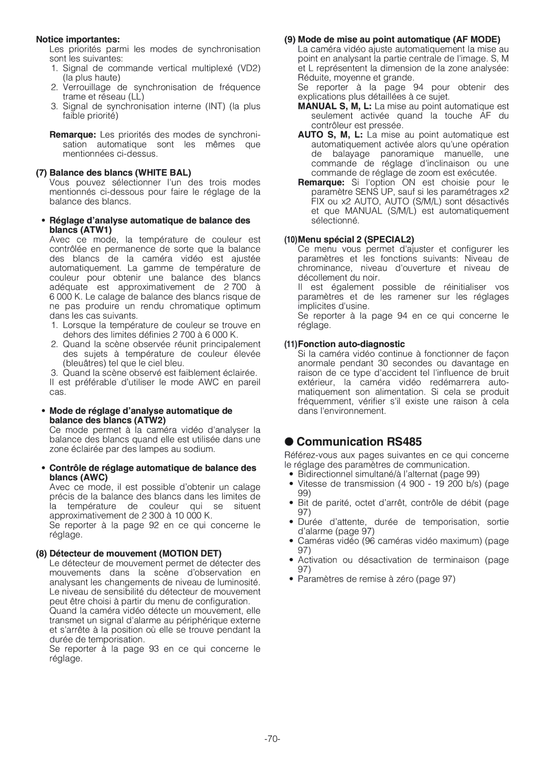 Panasonic WV-CW864A operating instructions Communication RS485 