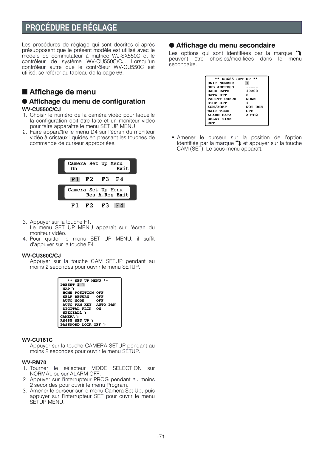 Panasonic WV-CW864A Procédure DE Réglage, Affichage de menu, Affichage du menu de configuration, Setup Menu 